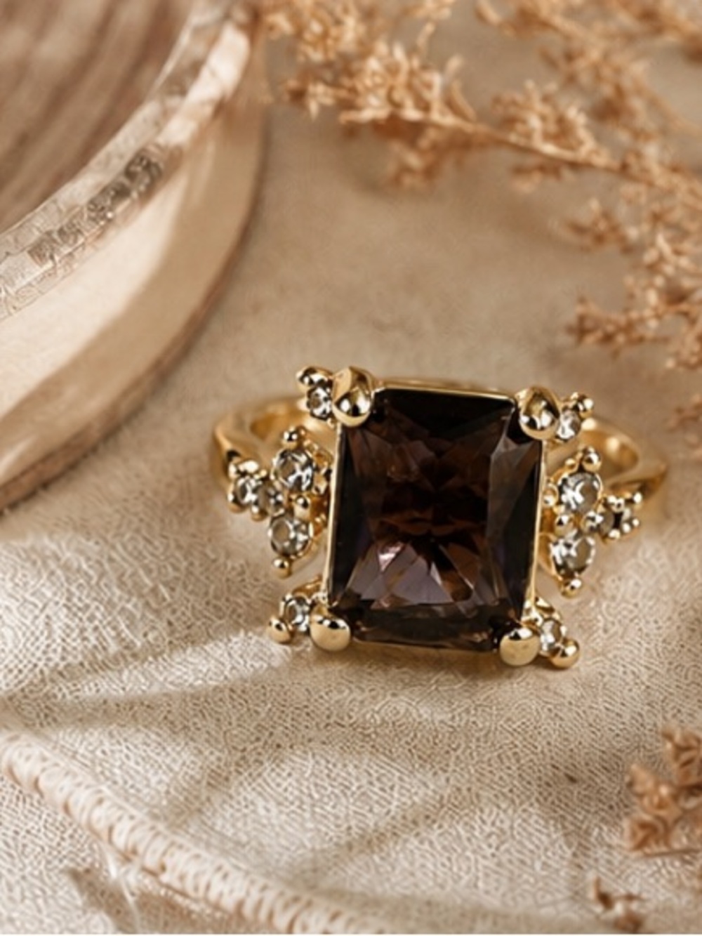 Smoky Quartz Statement Ring Gold Tone Princess Cut Crystal Boho Chic